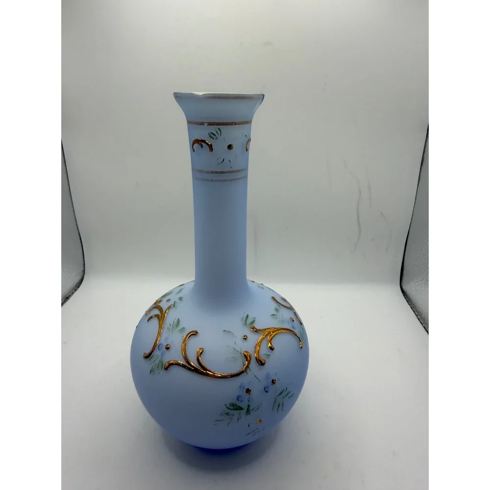 Vintage Light Blue Satin Frosted Glass Bud Vase‎ Hand Painted Gold Gilt 8 Inch